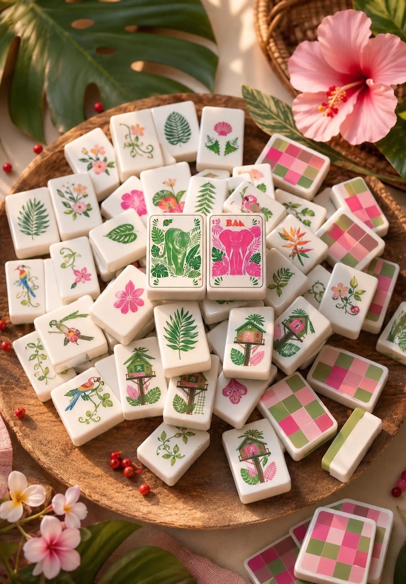Op de afbeelding: Een verzameling witte rechthoekige mahjongtegels met kleurrijke illustraties van tropische planten, bloemen, vogels, boomhutten en geometrische patronen. Twee centrale tegels tonen een groene tijger en een roze olifant.