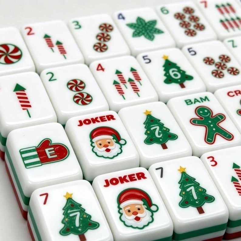 May include: A set of white Mahjong tiles with red and green accents, featuring Christmas-themed illustrations. The tiles display images of Santa Claus, Christmas trees, candy canes, and fireworks. Numbers and the word "JOKER" are also visible.