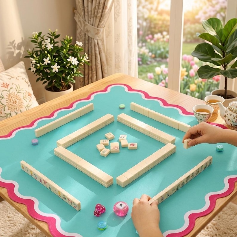 May include: A square wooden table with a turquoise playing surface and a pink and white scalloped border. The table is set up for a game of Mahjong, with tiles arranged in a square. Dice and other game pieces are also visible.
