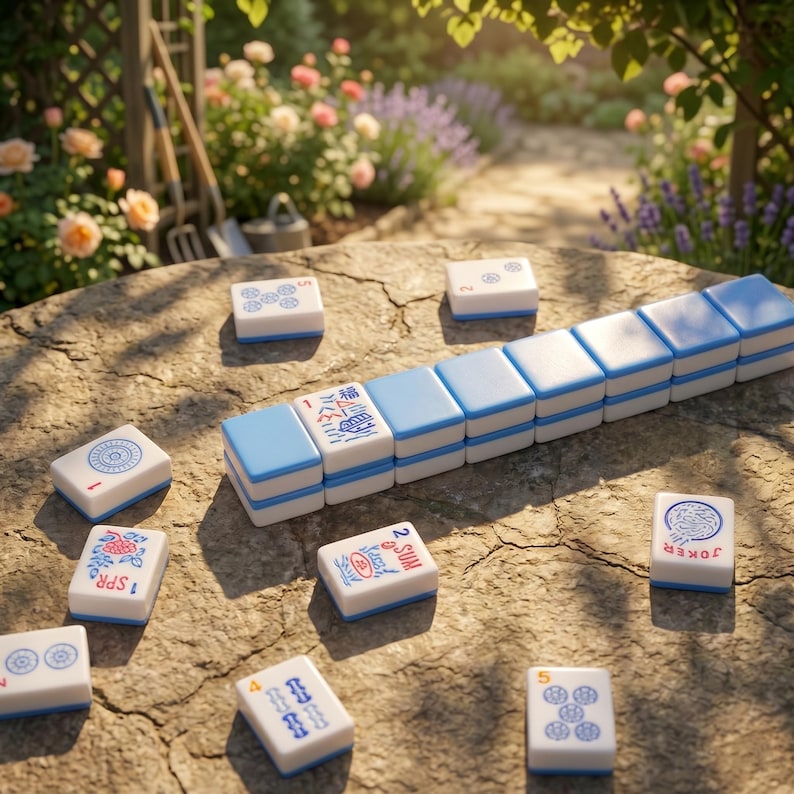 K&ouml;nnte beinhalten: Mahjong-Steine, wei&szlig; mit blauen R&auml;ndern, sind auf einer Steinoberfl&auml;che in einem Garten angeordnet. Die Steine zeigen verschiedene Symbole und Schriftzeichen. Der Hintergrund zeigt einen Garten mit Blumen und Gr&uuml;n, was auf ein Spiel im Freien hindeutet.
