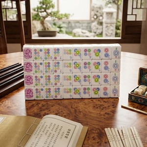 May include: A set of white mahjong tiles arranged in a rectangular grid, featuring colorful circular patterns, numbers, and purple dragon motifs. The tiles are displayed alongside a small decorative box containing dice, a book, and a container of sticks.