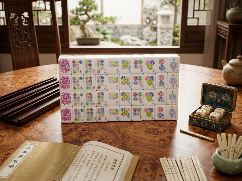 May include: A set of white mahjong tiles arranged in a rectangular grid, featuring colorful circular patterns, numbers, and purple dragon motifs. The tiles are displayed alongside a small decorative box containing dice, a book, and a container of sticks.