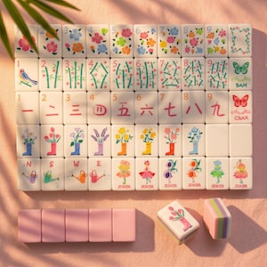 May include: A complete set of white Mahjong tiles with colorful floral and bamboo designs. The tiles feature numbers, Chinese characters, and various symbols. Additional pink tiles and a striped tile are also present.