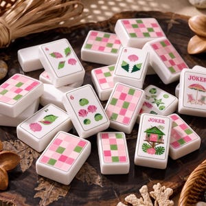 May include: A collection of white Mahjong tiles featuring pink and green checkered backs and various tropical-themed illustrations on the fronts, including seashells, a beach umbrella with chairs, and a small house, all arranged in a scattered pile.