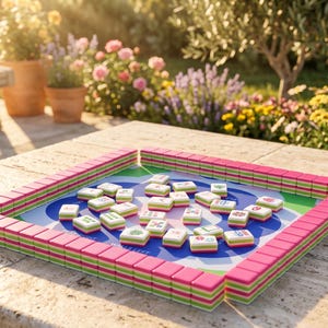 May include: A Mahjong game set with pink, green, and white tiles arranged on a blue and green playing surface. The game is set up on a stone surface outdoors, with flowers and plants in the background.