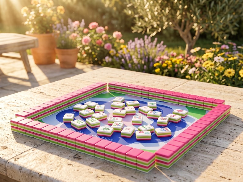 May include: A Mahjong game set with pink, green, and white tiles arranged on a blue and green playing surface. The game is set up on a stone surface outdoors, with flowers and plants in the background.