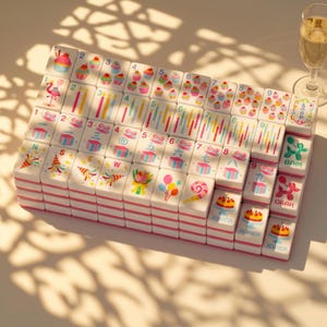 May include: A set of white Mahjong tiles with pink edges, featuring colorful illustrations of cupcakes, candles, gifts, and balloons. The tiles are arranged in stacks, with some displaying the word "Joker" and other symbols.