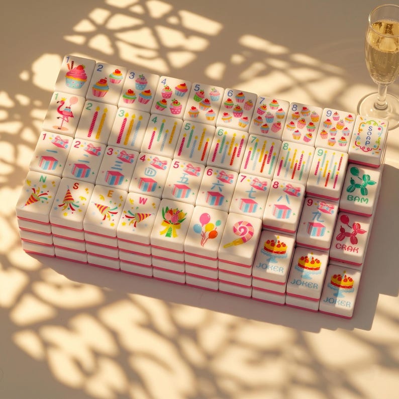 May include: A set of white Mahjong tiles with pink edges, featuring colorful illustrations of cupcakes, candles, gifts, and balloons. The tiles are arranged in stacks, with some displaying the word "Joker" and other symbols.