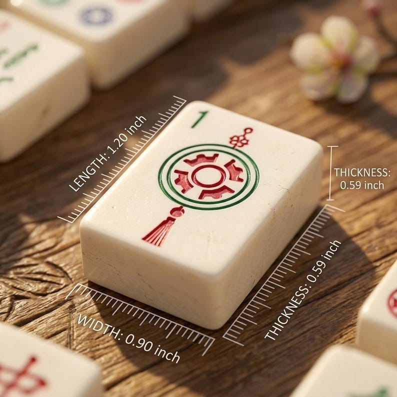 May include: A white Mahjong tile featuring a green number 1 and a central red and green circular emblem with a tassel design. The tile has a length of 1.20 inches, a width of 0.90 inches, and a thickness of 0.59 inches as indicated by labels.