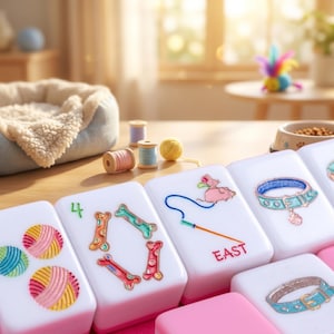 May include: A close-up of white Mahjong tiles with colorful pet-themed designs, including yarn balls, bones, and a mouse with a fishing rod. The word "EAST" is printed on one tile. Spools of thread and a pet bed are in the background.