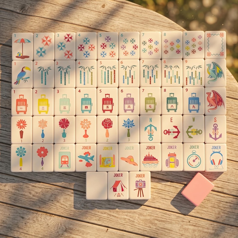 May include: A complete set of decorative Mahjong tiles with colorful illustrations. The tiles feature various symbols, numbers, and Jokers, along with a pink tile. The set is arranged on a wooden surface.