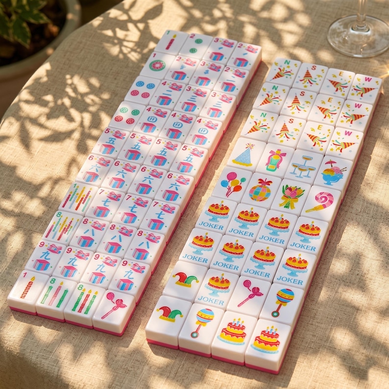May include: Two sets of white Mahjong tiles with pink edges are displayed. The tiles feature colorful illustrations of gifts, cakes, and party-themed icons. Some tiles have numbers and Chinese characters, while others say "JOKER".