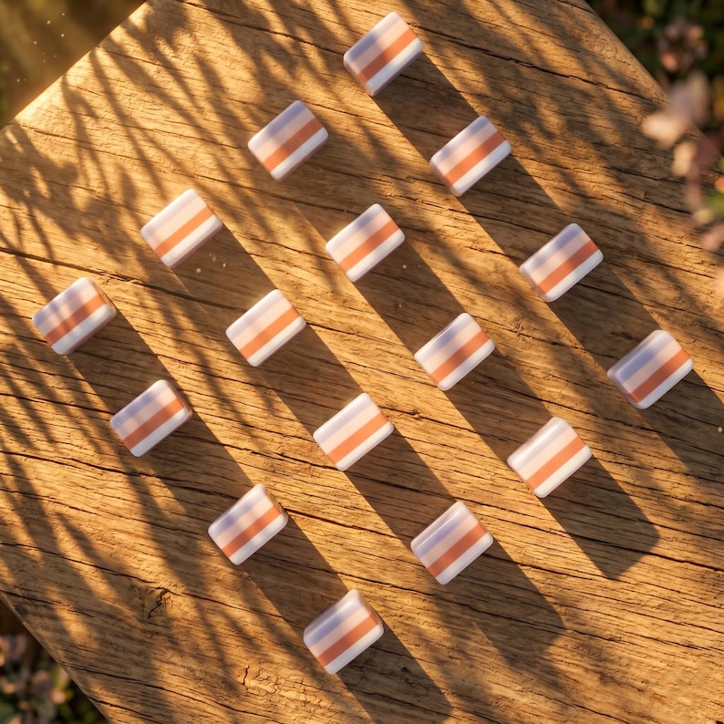 May include: An overhead shot of rectangular, white objects with orange and light purple stripes. The objects are arranged in a grid pattern on a wooden surface. The scene is lit with natural sunlight, casting shadows.