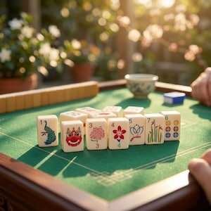 May include: A set of rectangular mahjong tiles arranged on a green felt surface. The tiles feature various colorful illustrations including a peacock, a lion mask, a pink flower, a red blossom, a joker symbol, bamboo stalks, and circular patterns.