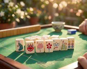 May include: A set of rectangular mahjong tiles arranged on a green felt surface. The tiles feature various colorful illustrations including a peacock, a lion mask, a pink flower, a red blossom, a joker symbol, bamboo stalks, and circular patterns.