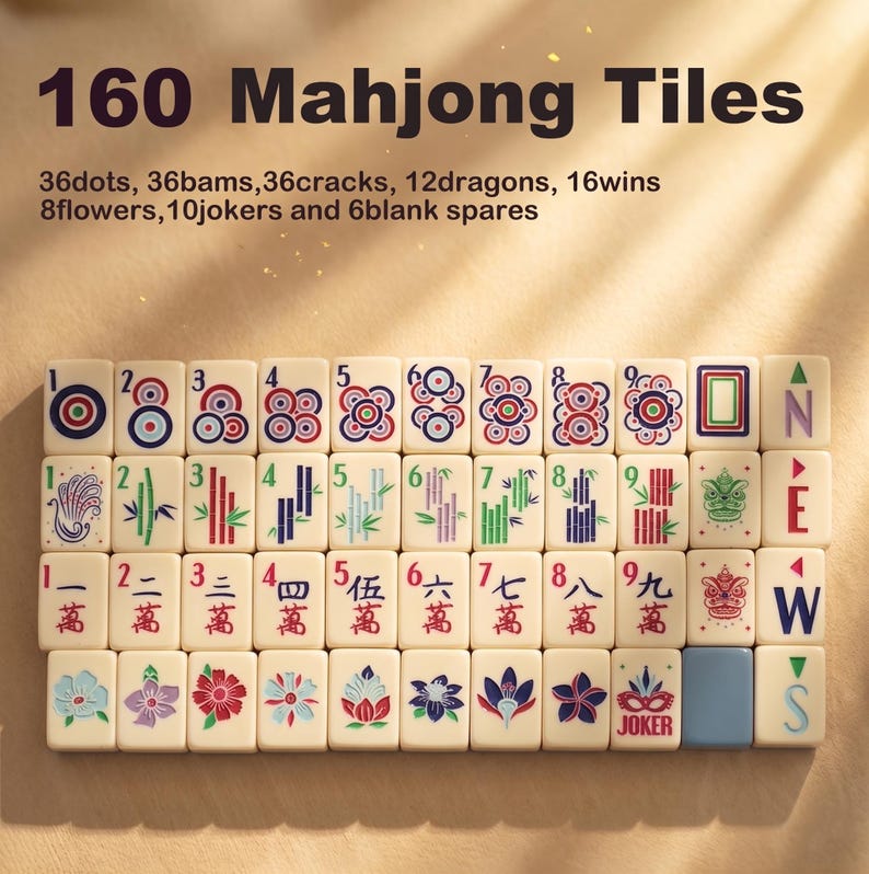 May include: A set of 160 Mahjong tiles, featuring various symbols, numbers, and characters. The tiles are cream-colored with red, green, blue, and purple designs. The set includes dots, bams, cracks, dragons, wins, flowers, jokers, and blank spares.