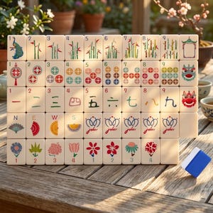 May include: A set of off-white mahjong tiles arranged in a grid, featuring colorful illustrations of bamboo, circles, Chinese characters, wind directions, flowers, and joker symbols. A single blue and white tile sits separately on the wooden surface.