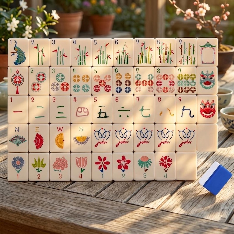 May include: A set of off-white mahjong tiles arranged in a grid, featuring colorful illustrations of bamboo, circles, Chinese characters, wind directions, flowers, and joker symbols. A single blue and white tile sits separately on the wooden surface.