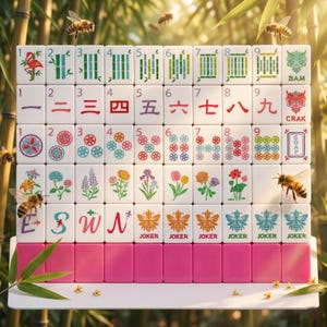 May include: A complete Mahjong set with white tiles featuring various symbols, numbers, and Chinese characters. The set includes tiles with floral designs, bamboo, and bee-themed joker tiles. The tiles are arranged on a white shelf with a pink base, with bees flying around.