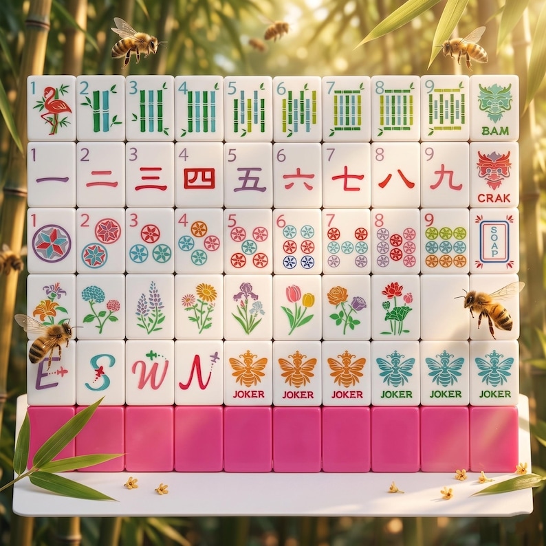 May include: A complete Mahjong set with white tiles featuring various symbols, numbers, and Chinese characters. The set includes tiles with floral designs, bamboo, and bee-themed joker tiles. The tiles are arranged on a white shelf with a pink base, with bees flying around.