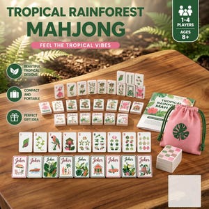 May include: A Tropical Rainforest Mahjong game set featuring white tiles with colourful botanical and tropical illustrations, a pink drawstring storage bag with a green leaf print, an instruction booklet, and a small stack of patterned tiles.