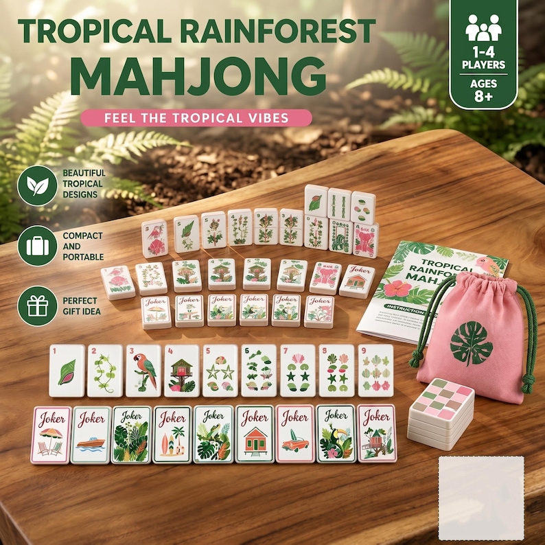 May include: A Tropical Rainforest Mahjong game set featuring white tiles with colourful botanical and tropical illustrations, a pink drawstring storage bag with a green leaf print, an instruction booklet, and a small stack of patterned tiles.