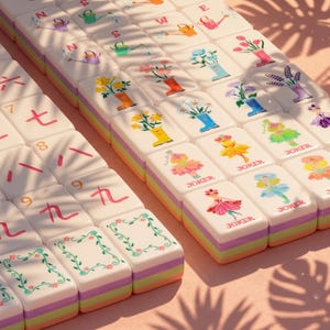 May include: A collection of white Mahjong tiles with colorful illustrations of flowers in boots, watering cans, and dancing figures. The tiles have pink, purple, and yellow edges. Some tiles have Chinese numerals and the word "JOKER".