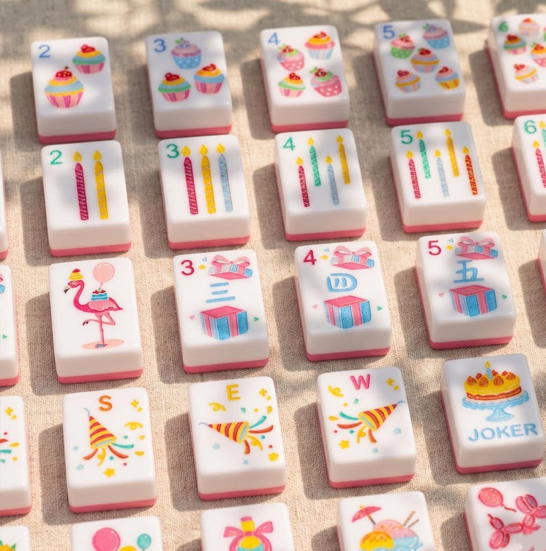May include: A collection of white Mahjong tiles with pink edges, featuring colorful illustrations. Designs include cupcakes, candles, gift boxes, a flamingo, and party horns. Some tiles display numbers, letters, and the word "JOKER".