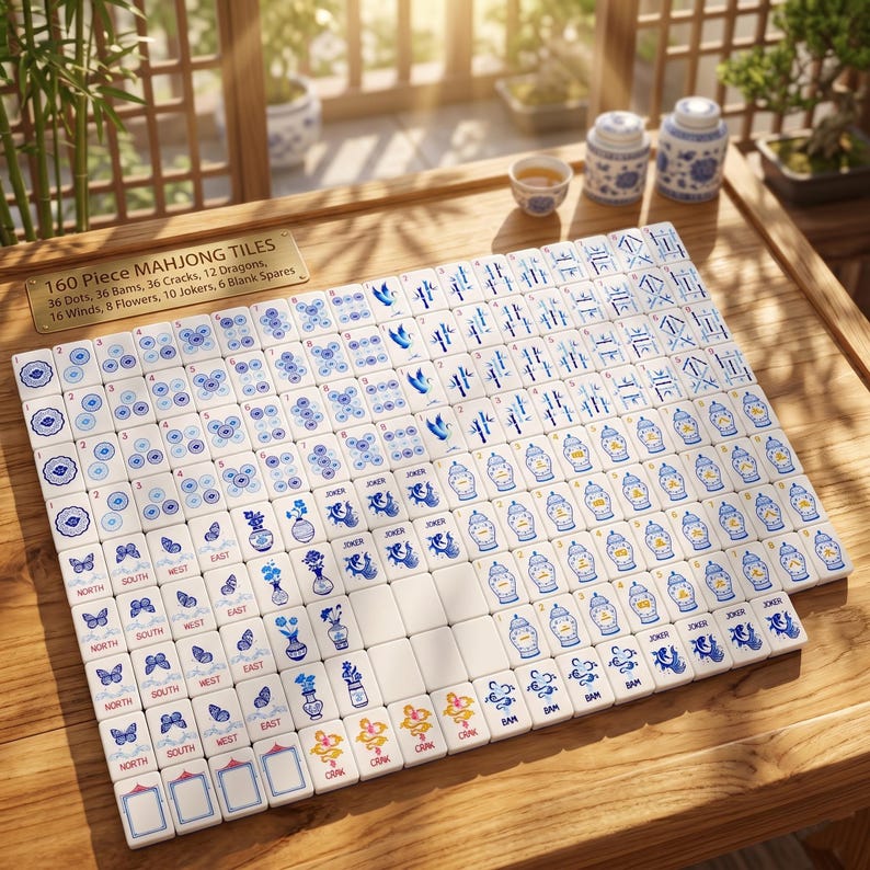 K&ouml;nnte beinhalten: Ein 160-teiliges Mahjong-Spiel mit wei&szlig;en Spielsteinen und blauen Illustrationen. Die Spielsteine sind auf einer Holzoberfl&auml;che angeordnet. Das Set enth&auml;lt Punkte, Bams, Cracks, Drachen, Winde, Blumen, Joker und leere Ersatzsteine. Der Text "160 Piece Mahjong Tiles" ist sichtbar.