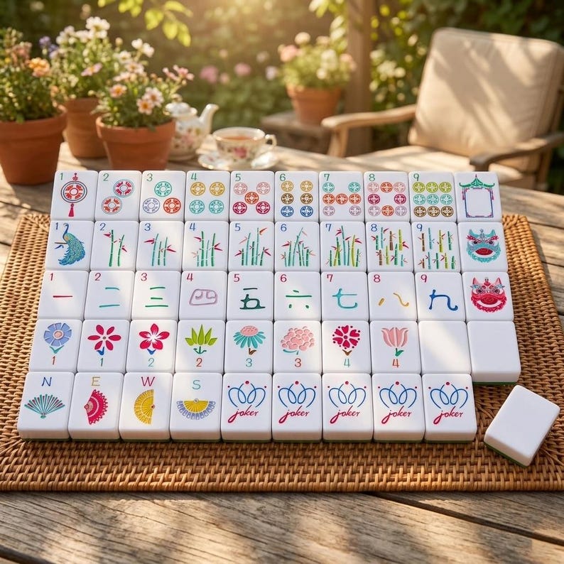 May include: A set of white mahjong tiles arranged in a grid on a woven mat, featuring colorful illustrations of numbers, bamboo stalks, flowers, compass directions, and joker symbols, with one additional blank tile placed to the side.