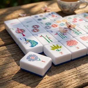 May include: A set of white Mahjong tiles with blue bases, featuring colorful illustrations of flowers, bamboo, and a peacock. Each tile displays a number or symbol in red, green, or blue ink. The tiles are arranged in a grid on a wooden surface.