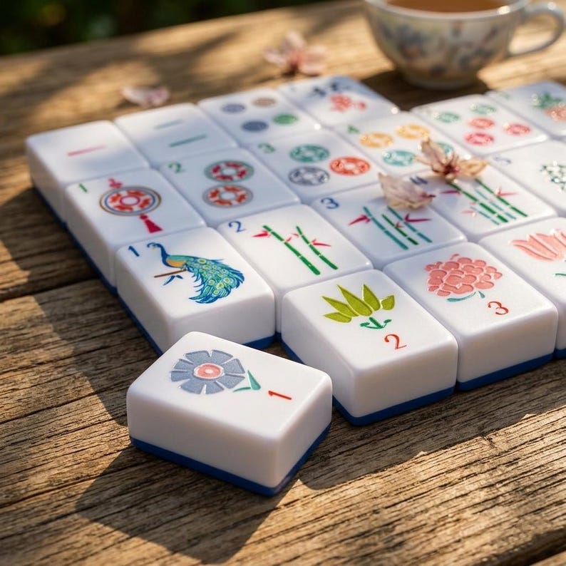 May include: A set of white Mahjong tiles with blue bases, featuring colorful illustrations of flowers, bamboo, and a peacock. Each tile displays a number or symbol in red, green, or blue ink. The tiles are arranged in a grid on a wooden surface.