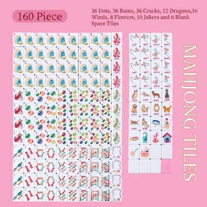 May include: A 160-piece Mahjong tile set with white tiles featuring various symbols, numbers, and characters in blue, green, and red. The set includes dots, bams, cracks, dragons, winds, flowers, jokers, and spare tiles. The text "MAHJONG TILES" is visible.
