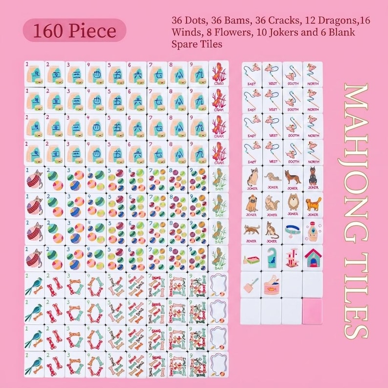 May include: A 160-piece Mahjong tile set with white tiles featuring various symbols, numbers, and characters in blue, green, and red. The set includes dots, bams, cracks, dragons, winds, flowers, jokers, and spare tiles. The text "MAHJONG TILES" is visible.