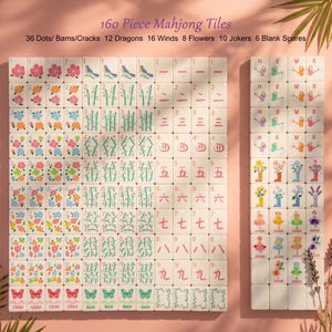 May include: A set of 160-piece Mahjong tiles, featuring various symbols, numbers, and characters. The tiles are white with colorful illustrations of flowers, birds, and bamboo. The set includes Jokers and blank spares.