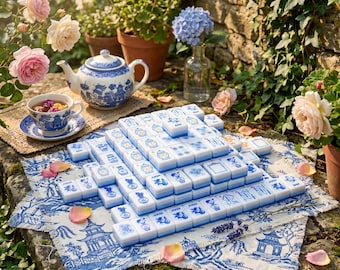 Blue and White Porcelain Chinoiserie Mahjong Tiles - 160 Acrylic or Melamine Tiles