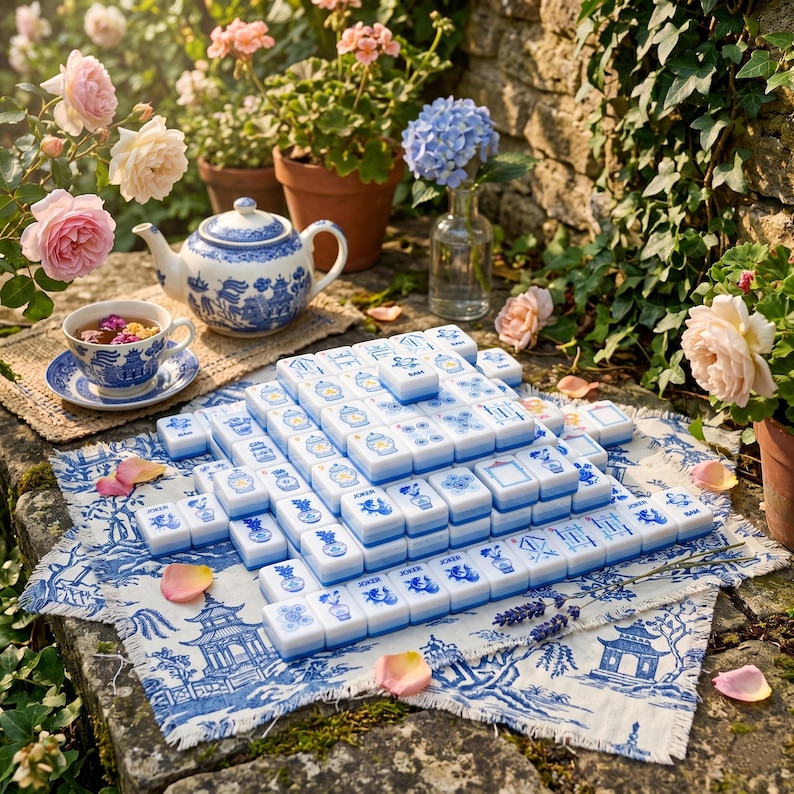 May include: A blue and white porcelain tea set with a teapot, teacup, and saucer, alongside a set of Mahjong tiles. The tiles are arranged on a blue and white patterned cloth, with flowers and greenery in the background.