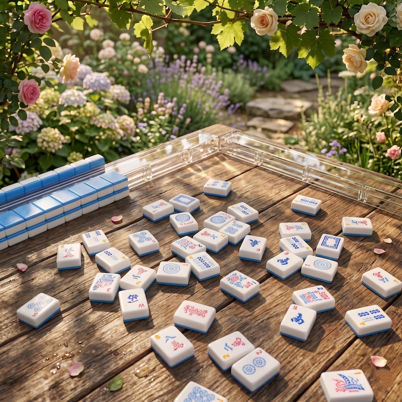 K&ouml;nnte beinhalten: Ein Satz wei&szlig;-blauer Mahjong-Steine, die auf einem Holztisch verstreut sind. Die Steine zeigen verschiedene Symbole und Zeichen in Rot und Blau. Ein durchsichtiges Acryl-Tablett und eine Reihe von Steinen sind ebenfalls zu sehen. Der Hintergrund umfasst Blumen und Gr&uuml;n.
