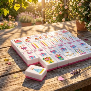 May include: A set of white and pink Mahjong tiles with colorful illustrations of cupcakes, gifts, and flamingos. The tiles are arranged on a wooden surface, with a few tiles in focus, and the word "JOKER" is visible on one tile.