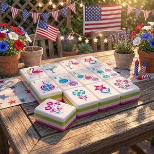K&ouml;nnte beinhalten: Ein Satz wei&szlig;er Mahjong-Steine mit farbenfrohen Illustrationen eines Flamingos, eines Cocktails, einer Discokugel und Blumen. Die Steine haben gr&uuml;ne und rosa Kanten und sind auf einem Holztisch mit patriotischen Dekorationen angeordnet.
