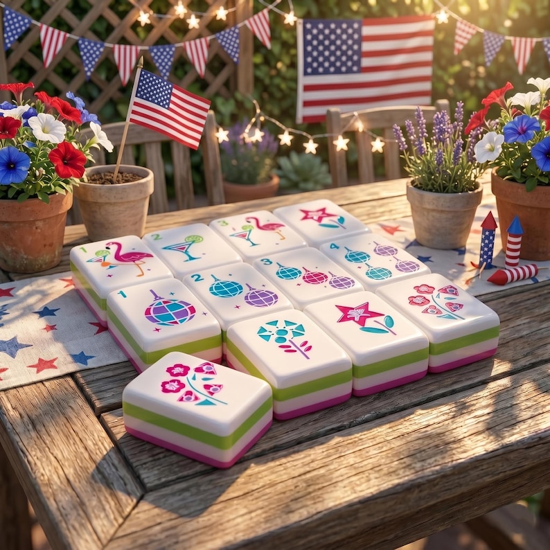 K&ouml;nnte beinhalten: Ein Satz wei&szlig;er Mahjong-Steine mit farbenfrohen Illustrationen eines Flamingos, eines Cocktails, einer Discokugel und Blumen. Die Steine haben gr&uuml;ne und rosa Kanten und sind auf einem Holztisch mit patriotischen Dekorationen angeordnet.