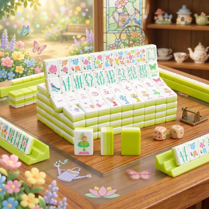 May include: A complete Mahjong set with white tiles featuring floral and bamboo designs, stacked on a wooden table. The set includes green tile holders, dice, and a "JOKER" tile. The background shows a window with flowers and butterflies.
