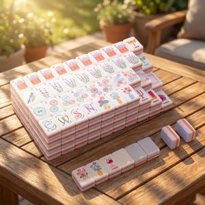 May include: A set of white Mahjong tiles with colorful illustrations of flowers, birds, and other designs. The tiles are stacked on a wooden table, with a few tiles and dice laid out. The set includes tiles with the word "Joker".