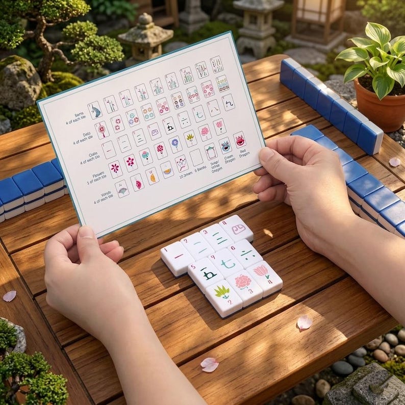 May include: A white reference card displaying Mahjong tile patterns and symbols held over a wooden table with white tiles featuring red, green, and black ink designs. The card lists categories including Bams, Dots, Craks, Flowers, and Winds.