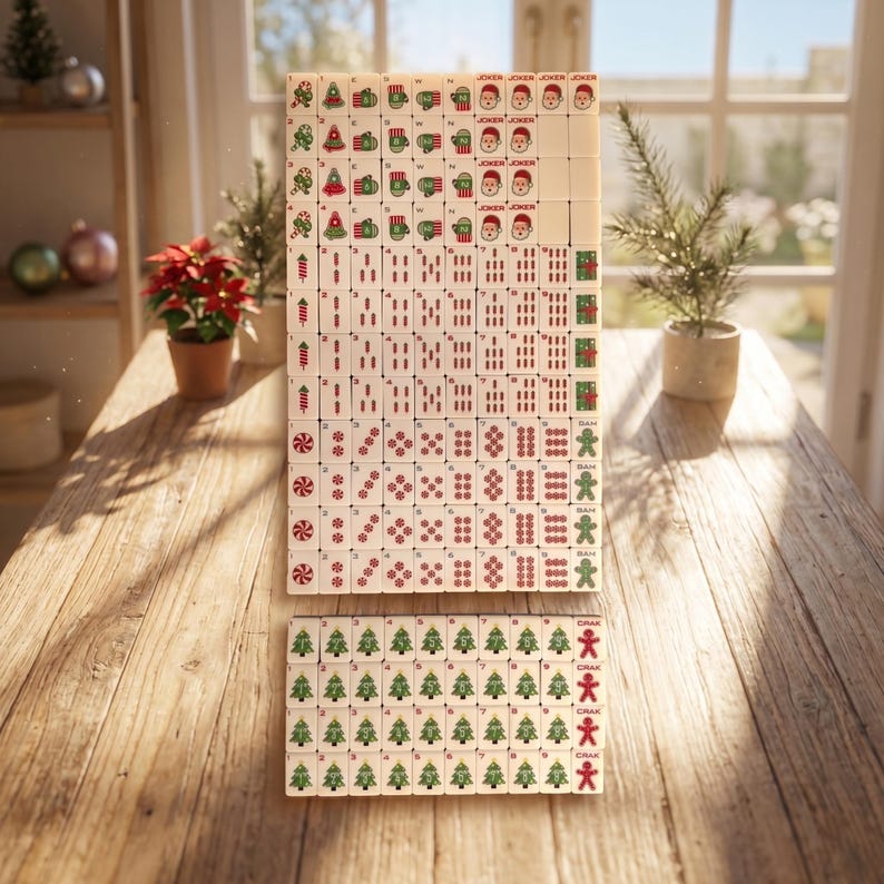 May include: A set of Christmas-themed Mahjong tiles arranged on a wooden table. The tiles feature festive designs like Christmas trees, gingerbread men, and Santa faces in red and green. The word "Joker" is printed on some tiles.