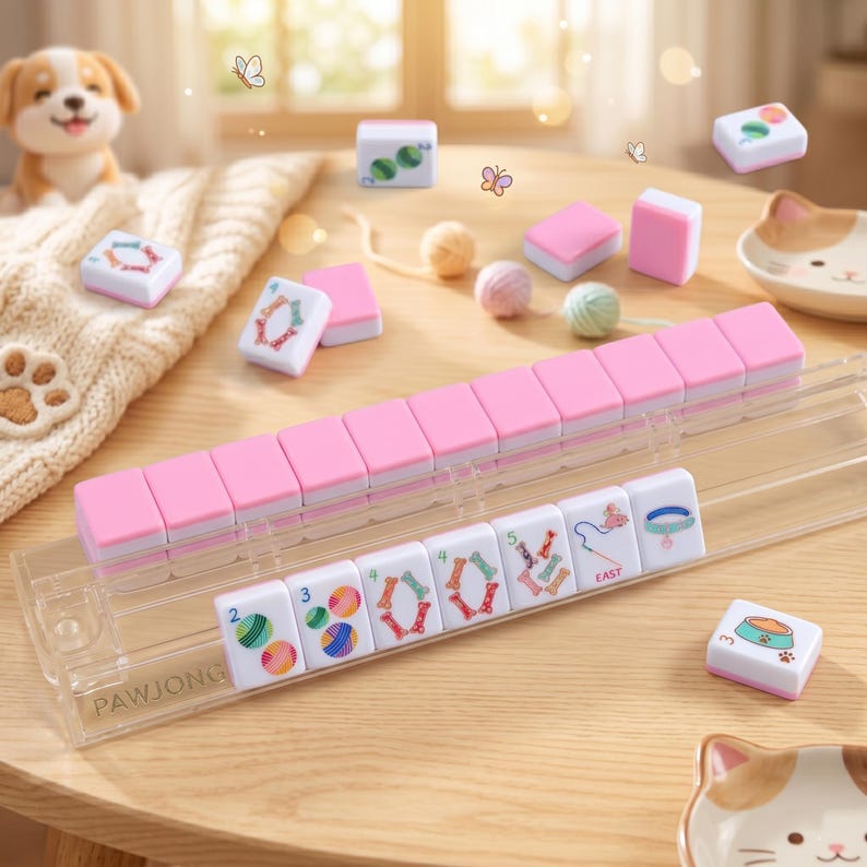 May include: A pink and white Pawjong set with a clear plastic tile holder. The tiles are white with colorful symbols and numbers. The set is on a light brown wooden table with a dog figurine and cat-shaped dish.
