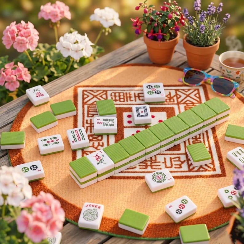 May include: A Mahjong set with green and white tiles is arranged on a round, patterned mat. The tiles are scattered, with some forming a line. Sunglasses and a cup of tea are nearby, with flowers in the background.