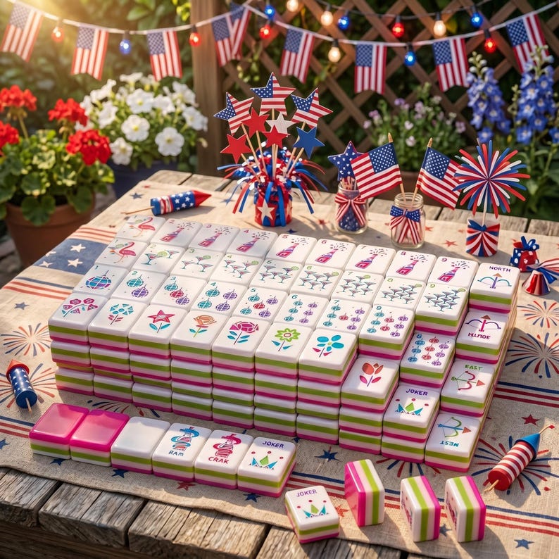 K&ouml;nnte beinhalten: Ein Mahjong-Set mit wei&szlig;en Spielsteinen mit bunten Blumen- und geometrischen Designs. Die Spielsteine sind auf einem Tisch gestapelt, der mit amerikanischen Flaggen und festlichen Dekorationen geschm&uuml;ckt ist, ideal f&uuml;r einen patriotischen Spieleabend.