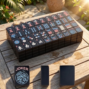 May include: A set of black mahjong tiles with engraved characters, numbers, and symbols in red, blue, and white. The tiles feature Chinese characters, directional letters, seasonal labels, and joker icons. Three individual tiles are placed in front.