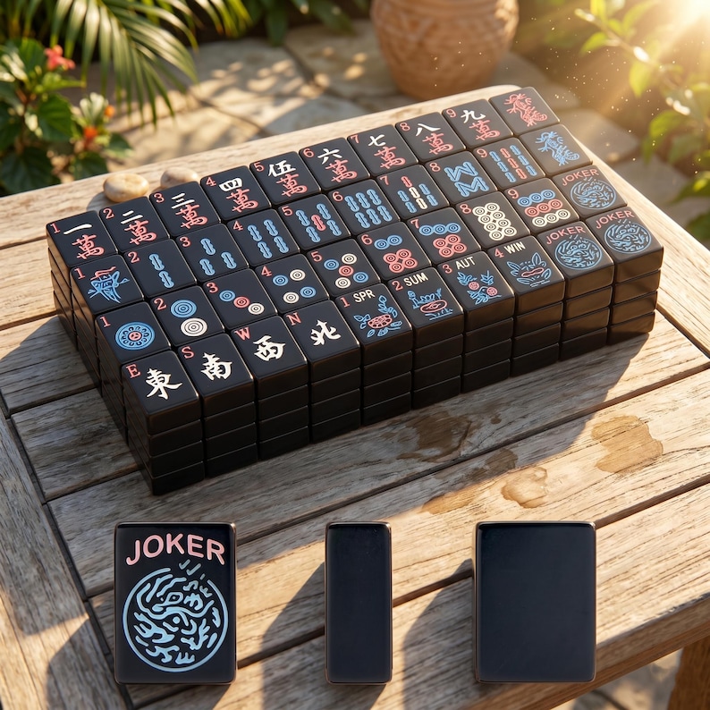 May include: A set of black mahjong tiles with engraved characters, numbers, and symbols in red, blue, and white. The tiles feature Chinese characters, directional letters, seasonal labels, and joker icons. Three individual tiles are placed in front.